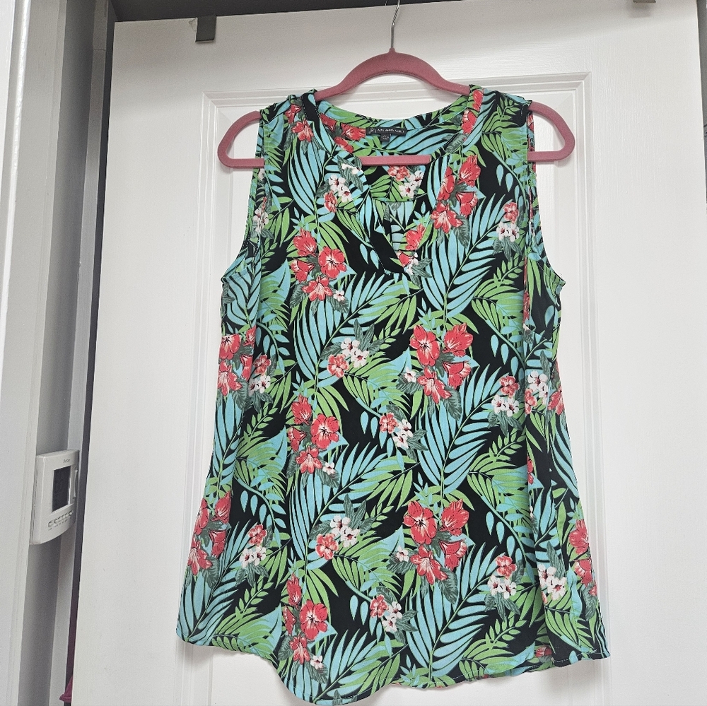 Adrianna Papell Black Tropical Floral V-Neck Blouse with Green and Pink Leaves